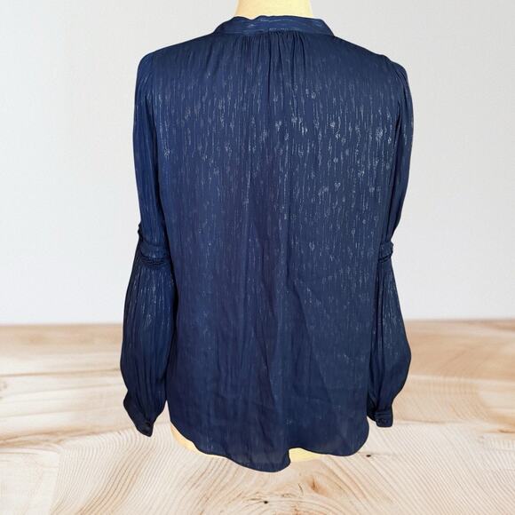 Current Air Navy and Silvery Shimmer Ruffled Sleeve Blouse Top Sz M V Neck HiLo - Picture 8 of 13